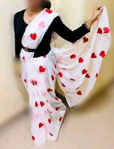 Elegant White Saree with Red heart design Dots
