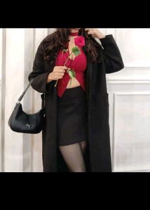 Chic Black Long Coat with Red Top Outfit