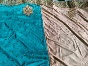 Teal Saree with Gold Border,bridal heavy sare