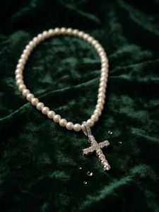 Pearl Necklace with Diamond Cross Pendant