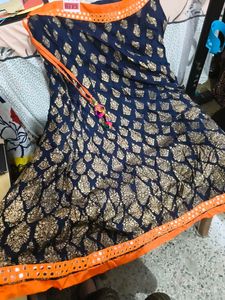 Navy Blue Lehenga Skirt with Gold Print