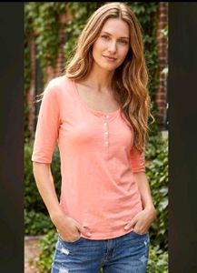 Coral Henley Top with Buttons