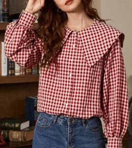 Red Checkered Button-Up Collar Top