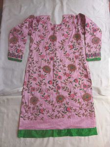 Embroidered Pink Kurta Set with Green Skirt