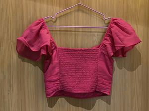 Pink Ruched Twist-Front Crop Top
