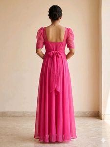 Vibrant Pink Square Neck Puff Sleeve Midi Dress