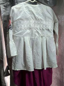 Floral Embroidered White Top &amp; Dhoti Set