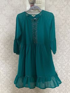 Elegant Teal Embroidered knee length dress