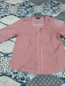 pink and White Striped V-Neck Top