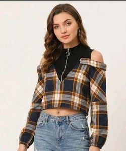 Trendy Plaid Cold Shoulder Top