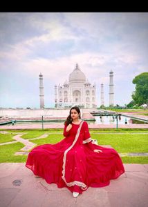 Elegant Red Tiered Gown with Embellished Dupatta