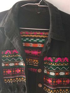 Boho Embroidered Black Denim Jacket