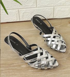 Silver Woven Kitten Heel Sandals