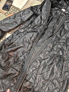 Hooded light leather jacket and winter dress