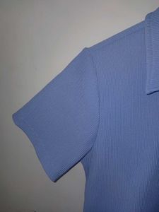 Light Blue Ribbed Polo Crop Top