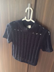 Black Cropped Mesh Knit Top