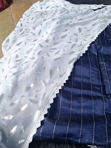 Elegant light blue Saree with Silver Feather