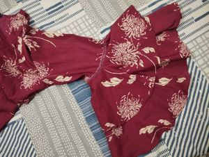 Maroon Floral Print Flared Sleeve Dress