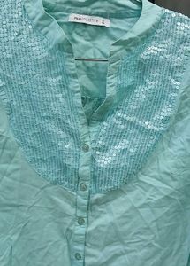 Light Blue Sequin Yoke Button-Up Shirt