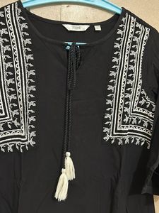 Black Embroidered Tassel Blouse