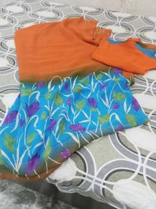 Vibrant Orange & Blue Floral Saree