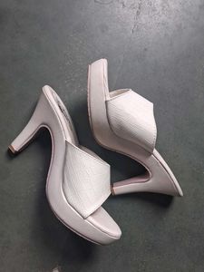 White Croc Print Heeled Mules