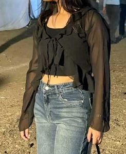 Sheer Ruffle Tie Front Crop Top