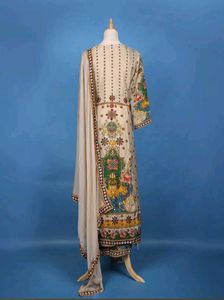 Beige And Pink Floral Printed Synthetic Suit Set