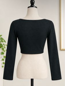 Black V-Neck Cropped Long Sleeve Top