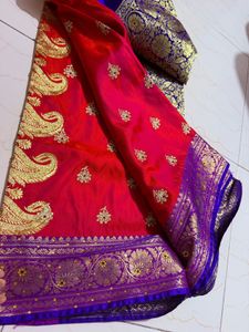Vibrant Red & Purple Silk Saree