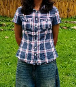 Blue Plaid Short Sleeve Button-Up Shirt