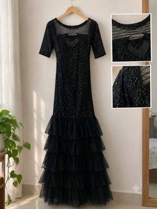 Elegant Black Glitter Party Wear Dress with Layere