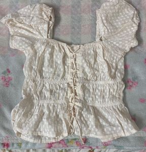 Cream Textured Puff Sleeve Crop Top