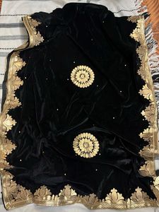 Elegant Black Velvet Dupatta with Gold Embroidery