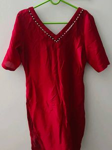 Red Kurta with Pearl Detail