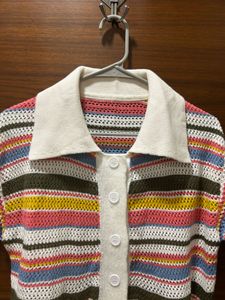 Colorful Striped Knit Collared Top