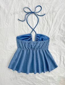 Blue Halter Neck Schiffli Top
