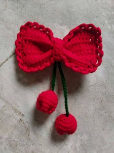 Red Crochet Bow Hair Clip with Cherries