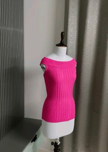 Off Shoulder Hot Pink Ribbed Top