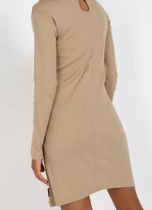 Beige Ribbed Mock Neck Keyhole one piece