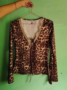 Leopard Print Lace-Up Long Sleeve Top