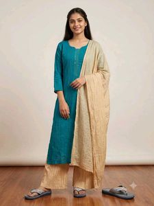 Teal Kurta with Beige Palazzo Pants & Dupatta