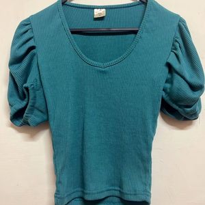 Teal Puff Sleeve Ribbed Top
