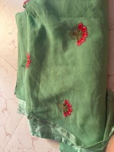 Elegant Green Embroidered Saree with unstitch blou