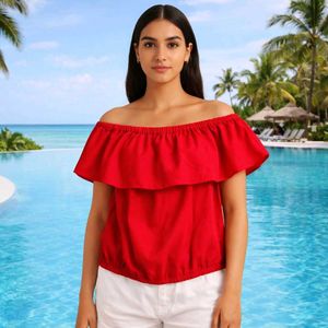 Red Solid Crop Bardot Top