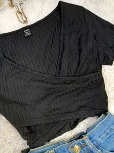 Ribbed Black Wrap Crop Top