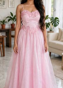 Pink Floral Applique Tulle Gown