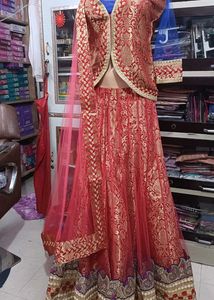 Red &amp; Gold Brocade Lehenga Set with Jacket