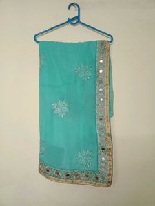 Beautiful Teal Saree with Mirror Work