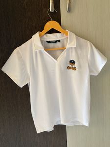 White Ribbed Collared top with Teddy Bear Pat